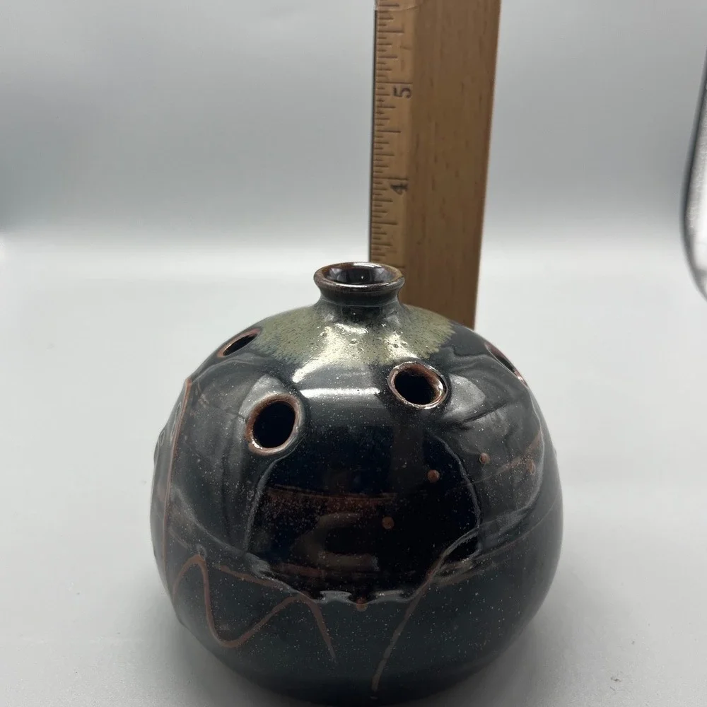Marlow Signed Studio Pottery Flower Frog‎ Vase Black Brown Glazed Orb Ceramic